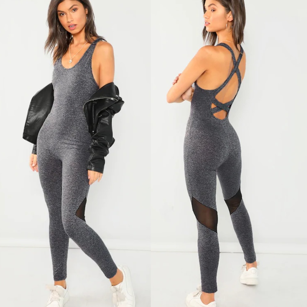 Gray Mesh Cross Back Jumpsuit